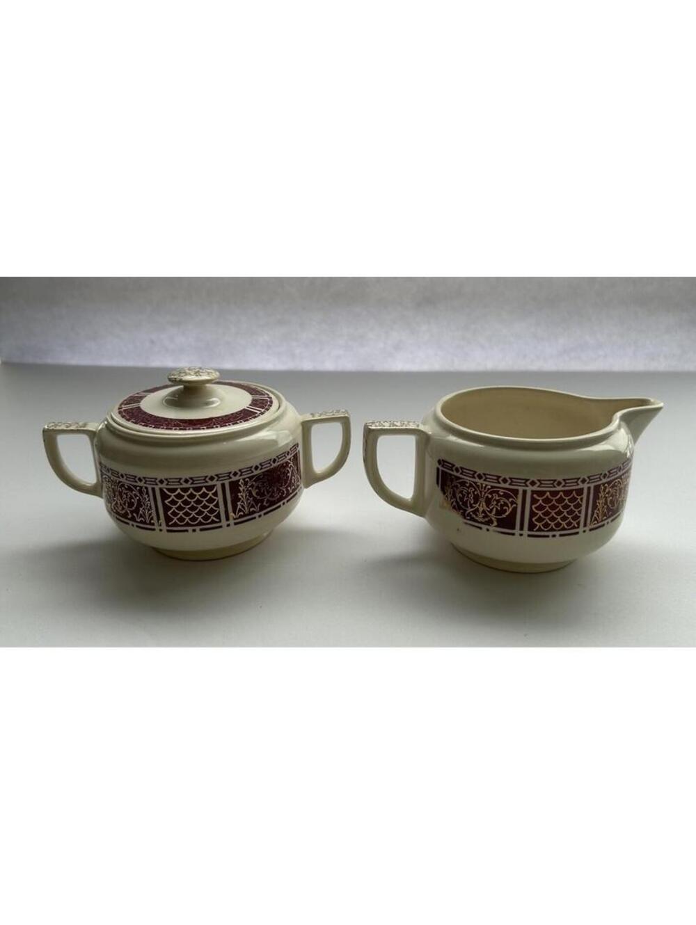 Homer Laughlin Piccadilly Creamer And Sugar-Maroon And Gold Edge, Floral Center
